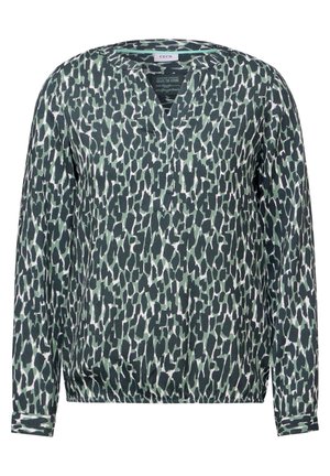 Blouse à manches longues avec un motif imprimé animal vert et noir. Présente un décolleté en V et une coupe décontractée, avec des manches à poignets. Fabriquée en tissu léger.