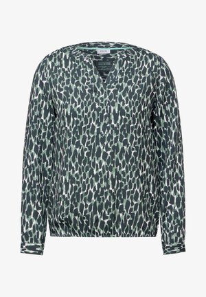 Langarmbluse im grünen und schwarzen Tierdruckmuster. Mit V-Ausschnitt und lässiger Passform, mit geknöpften Ärmeln. Aus leichtem Stoff gefertigt.