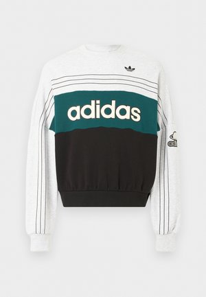 Młody mężczyzna w białej, zielonej i czarnej bluzie Adidas z logo i niebieskich dżinsach, stojący na jednolitym białym tle.