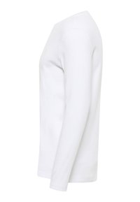 Langärmliges weißes Baumwoll-T-Shirt mit Rundhalsausschnitt, glatter Textur und ohne sichtbare Muster oder Akzente. Seitenansicht, die die Passform zeigt.