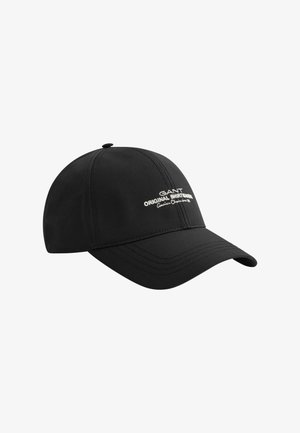 Čierna baseballová čiapka s vytvarovaným šiltom a bielym vyšitým textom ""GANT Original Shirtmakers"" na prednom paneli.