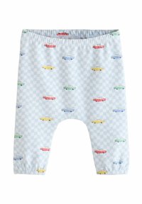 Lichtblauwe broek met een geruit patroon, voorzien van kleurrijke autoprints. Elastische tailleband en gathered manchetten voor extra comfort.