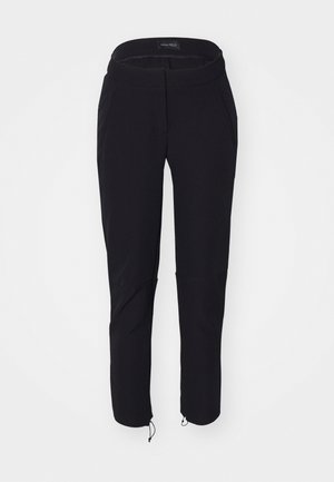 Mustad mustad teksad sujuva struktuuriga, sobiva disainiga, elastse vöökoha, kahe tasku ja reguleeritavate varrukatega, millel on nöörid.