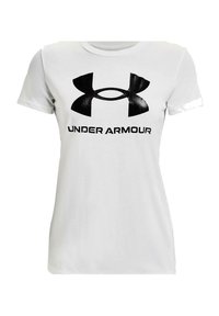 Camisa de algodón blanca con un gran logotipo negro de Under Armour centrado en el frente, con mangas cortas y un cuello redondo.
