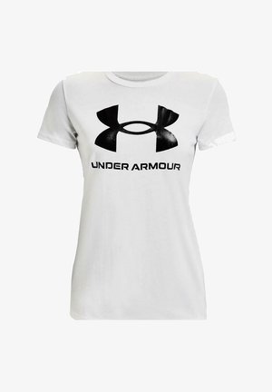 Witte katoenen t-shirt met een groot zwart Under Armour-logo in het midden op de voorkant, met korte mouwen en een ronde hals.