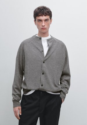 Young man with curly hair wearing a buttoned gray cardigan over a white shirt and black pants, standing against a plain light background.