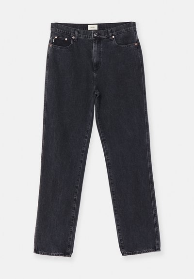 Black denim jeans with a straight-leg cut, five pockets, and copper-tone hardware featuring a subtle faded texture.