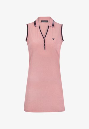 Różowa sukienka polo bez rękawów z zapięciem na guziki, pasiastym kołnierzykiem w kolorze granatowym oraz małym logo ptaka na klatce piersiowej. Gładki materiał z mieszanki bawełny.