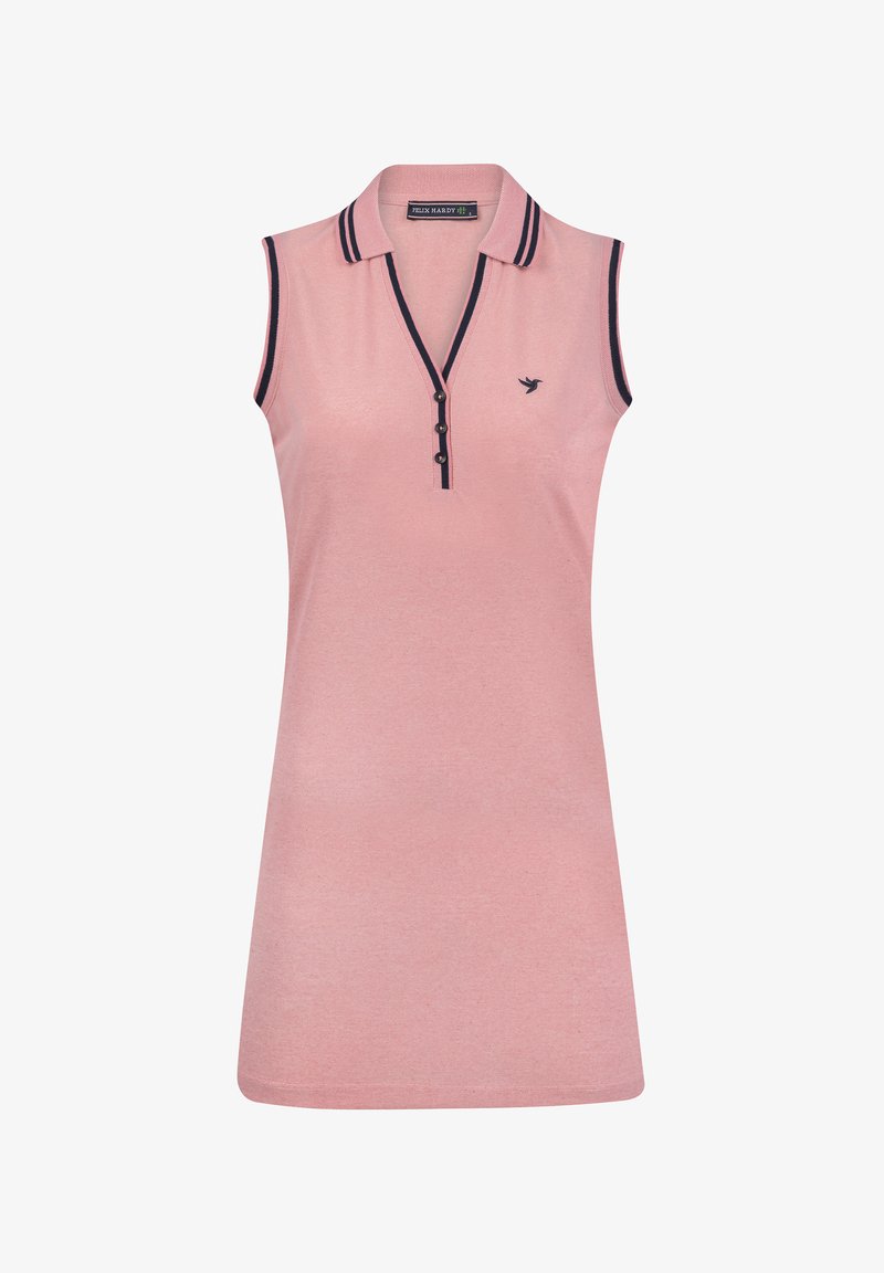 Różowa sukienka polo bez rękawów z zapięciem na guziki, pasiastym kołnierzykiem w kolorze granatowym oraz małym logo ptaka na klatce piersiowej. Gładki materiał z mieszanki bawełny.