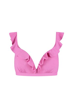 Top bikini rosa con tessuto strutturato, caratterizzato da una profonda scollatura a V e bordi arricciati lungo le spalline e il seno.