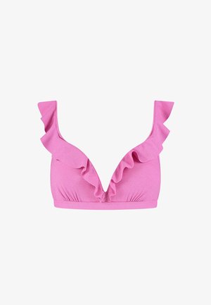 Roze bikinibovenstuk met een gestructureerde stof, voorzien van een diep V-hals en gerimpelde randen langs de bandjes en het decolleté.