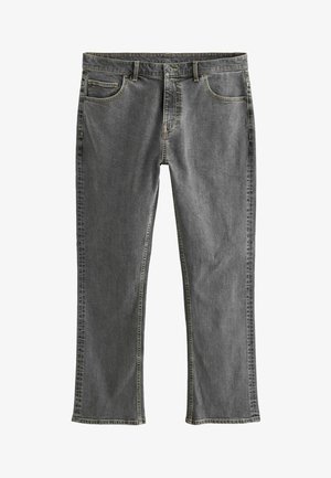 Szare dżinsy o prostym kroju, pięć kieszeni, kontrastowe przeszycia i zamek błyskawiczny. Gładka faktura i trwały materiał.