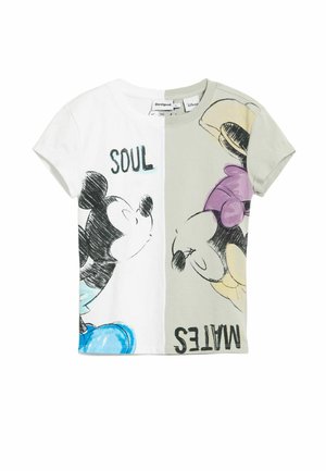 Dziecięca koszulka z krótkim rękawem w podziale na biały i szary kolor z rysunkowym stylem Myszki Miki i Minnie zwróconych do siebie oraz napisem "SOUL MATES".