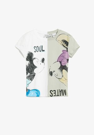 T-shirt à manches courtes pour enfants, divisé en blanc et gris, avec un dessin de Mickey et Minnie Mouse en style croquis face à face, accompagné du texte "ÂMES SOEURS."