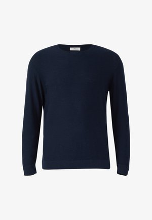 Marineblauwe lange mouwen trui met een ronde hals. Gemaakt van een zachte gebreide stof met een gladde textuur. Voorzien van geribbelde boorden aan de mouwen en zoom.