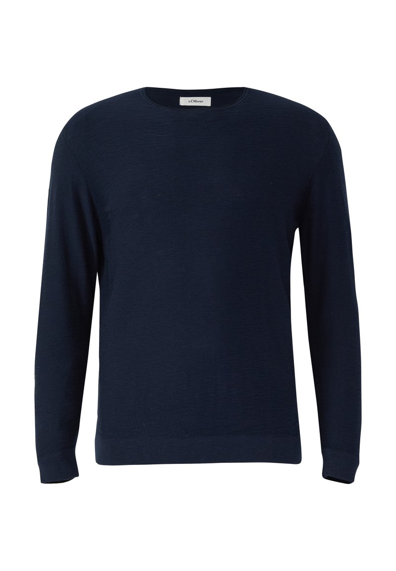 Granatowy sweter z długim rękawem i okrągłym dekoltem. Wykonany z miękkiej dzianiny o gładkiej fakturze. Posiada prążkowane mankiety i dół.