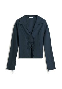 Maglietta tagliata in navy scuro con colletto a punta, maniche lunghe e dettagli con lacci nella parte anteriore e nei polsini. Tessuto dalla superficie liscia.