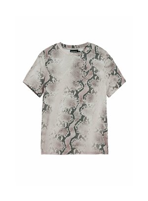 T-shirt met korte mouwen met een slangenhuidpatroon in grijze en roze tinten. Gemaakt van zacht materiaal met een ronde hals.