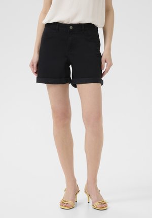 Black denim shorts with rolled cuffs and a front button closure. The fabric has a smooth texture and features front pockets.