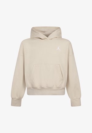 Sudadera recortada beige hecha de tela suave, con un bolsillo tipo canguro, dobladillo acanalado y un pequeño logo blanco en el pecho.