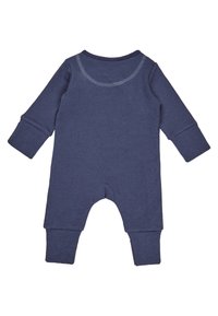 Marineblauer gerippter Jumpsuit mit langen Ärmeln, rundem Ausschnitt, Druckknopfverschluss am Boden und enganliegenden Bündchen. Weicher Stoff und lässiges Design.