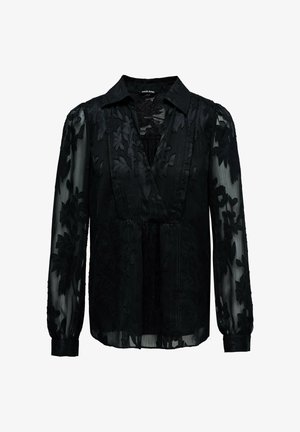 Černá blůza s dlouhým rukávem vyrobená z průsvitné tkaniny s vyšívanými květinovými vzory, má výstřih do V a sklady.