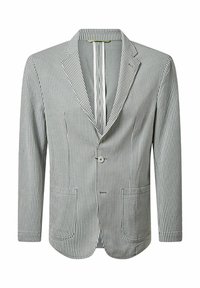 Gestreepte blazer in lichtgrijs en wit, met een enkele knop, notch-kraag, twee voorzakken en een gestructureerde stof.
