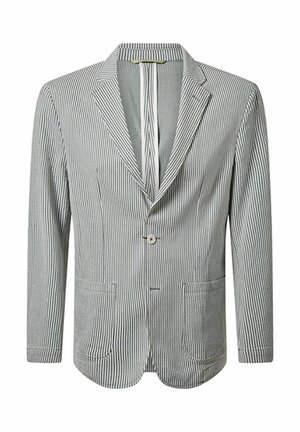 Gestreifter Blazer in Hellgrau und Weiß, mit einem einzelnen Knopf, Reverskragen, zwei vorderen Taschen und einem strukturierten Stoff.