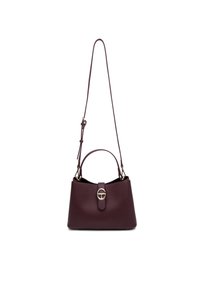 Sac à main en cuir texturé bordeaux foncé avec une forme structurée. Dispose d'une anse supérieure, d'une bandoulière réglable et d'un détail de fermoir à l'avant.