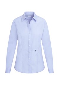 Light blue long-sleeve button-up shirt with pointed collar and small black flower embroidery near the bottom front right side.