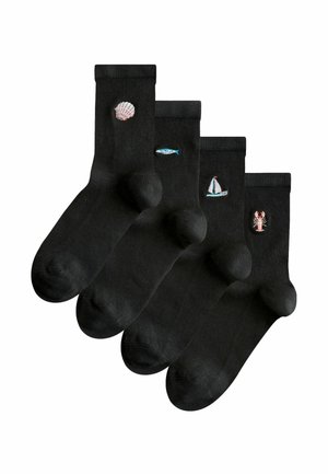 Komplekts ar četriem melniem zeķēm ar izšuvumiem: gliemene, zivs, burāns un omārs. Kokvilnas maisījums, standarta aproces augstums, gluda tekstūra.