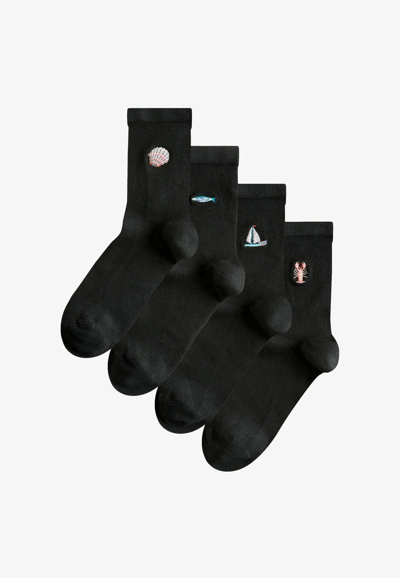 Ensemble de quatre chaussettes noires avec des motifs brodés : coquillage, poisson, voilier et homard. Mélange de coton, hauteur standard de la tige, texture lisse.