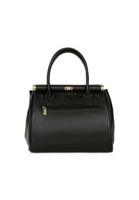 Borsa a tracolla in pelle nera con forma arrotondata, due manici e chiusura in metallo dorato. Presenta una tasca frontale con zip e superficie texture.