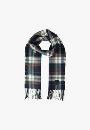 Plaid scarf in navy, green, and white. Made of soft fabric with fringe edges. Features a pattern of alternating stripes and squares.