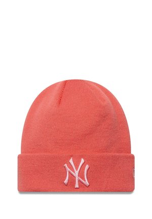 Coral knit beanie with a folded cuff, featuring a white embroidered "NY" logo on the front. Smooth texture with a snug fit.