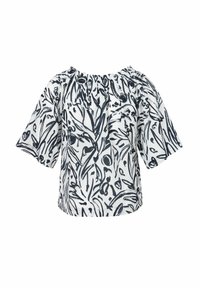 White short-sleeve blouse with a black abstract floral pattern, featuring a gathered neckline and relaxed fit.