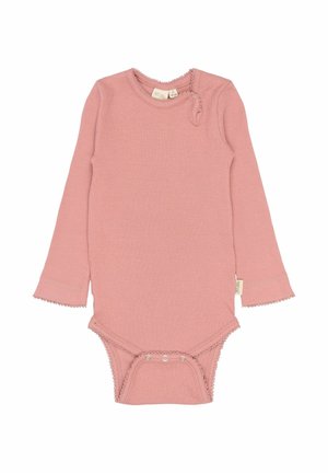 Langärmliger Body aus weichem, rosa Rippstoff, mit gewellten Kanten und Druckknöpfen am Bündchen und an der Schulter für ein einfaches Ankleiden.