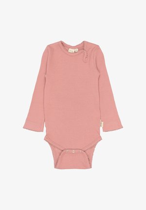 Dlhý rukáv bodysuit z jemného ružového rebrovaného materiálu, s vlnkovanými okrajmi a patentkami na spodnej časti a pleci pre jednoduché obliekanie.