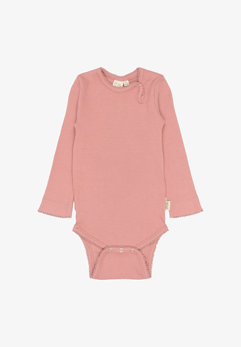 Body à manches longues en tissu côtelé rose pâle, avec des bords festonnés et des fermetures à pression en bas et à l'épaule pour un habillage facile.