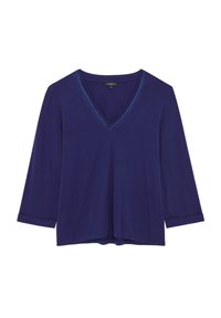 V-pääntie, kolmannes hihan pituus syvän laivaston sininen paita. Valmistettu pehmeästä materiaalista, jossa on rento istuvuus ja käärityt hihansuut.