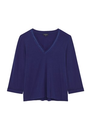 Top a V col, maniche a tre quarti in profondo blu navy. Realizzato in un materiale morbido con una vestibilità rilassata e polsini delle maniche arrotolati.