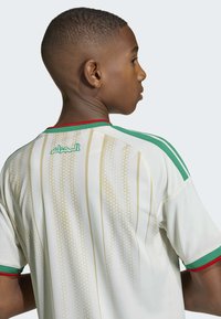 Maillot blanc avec des accents verts et rouges, présentant des motifs géométriques dorés, manches courtes et col rond, vu de dos.