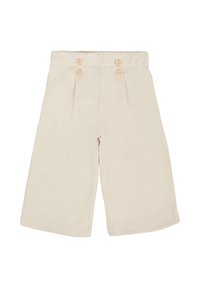 Pantaloni beige a vita alta realizzati in tessuto texturizzato, caratterizzati da doppie pince frontali e due bottoni visibili in accento sulla vita.