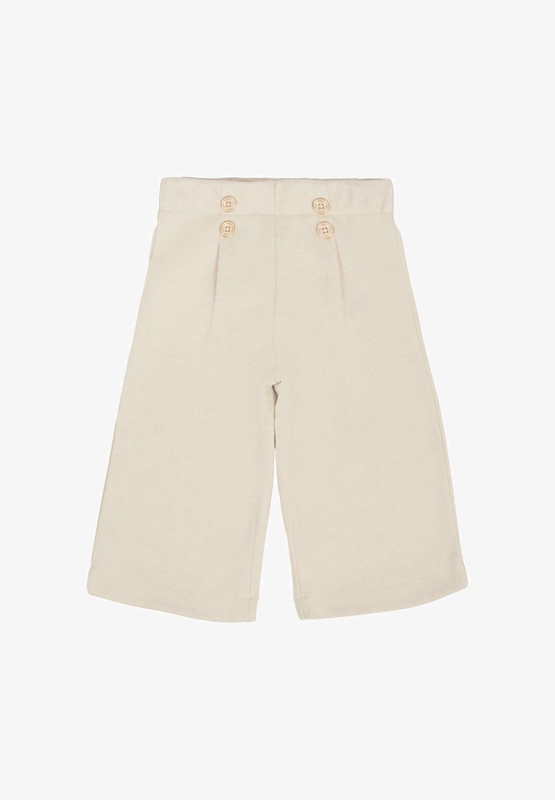 Pantaloni beige a vita alta realizzati in tessuto texturizzato, caratterizzati da doppie pince frontali e due bottoni visibili in accento sulla vita.