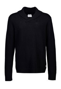 Schwarzer Pullover mit Schalkragen, langen Ärmeln, gerippten Bündchen und Saum, gefertigt aus einem weichen, strukturierten Stoff. Einfaches, schmuckloses Design.