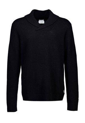 Schwarzer Pullover mit Schalkragen, langen Ärmeln, gerippten Bündchen und Saum, gefertigt aus einem weichen, strukturierten Stoff. Einfaches, schmuckloses Design.