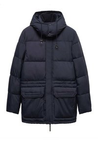 Granatowa kurtka puchowa z kapturem, z zamkiem błyskawicznym z przodu, dwoma dużymi przednimi kieszeniami oraz ciemnymi akcentami na kieszeniach. Gładka, pikowana faktura.