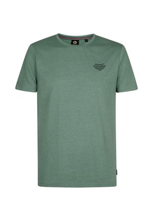 Groen katoenen T-shirt met een ronde hals, korte mouwen en een klein logo aan de linkerkant. Gladde textuur, casual ontwerp.