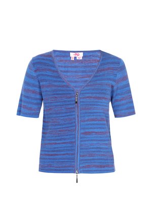 Kurzärmeliges, blau-lila gestreiftes, geripptes Strickoberteil mit V-Ausschnitt und doppeltem Reißverschluss, Größe XS/S.