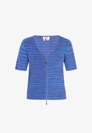 Modrý a fialový pruhovaný top s krátkým rukávem, žebrovaným úpletem, výstřihem do V a dvojitým zipem, velikost XS/S.